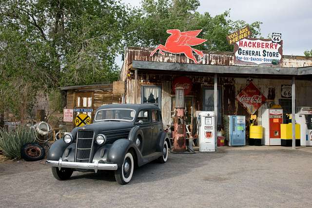 Hackberry General Store with vintage cars